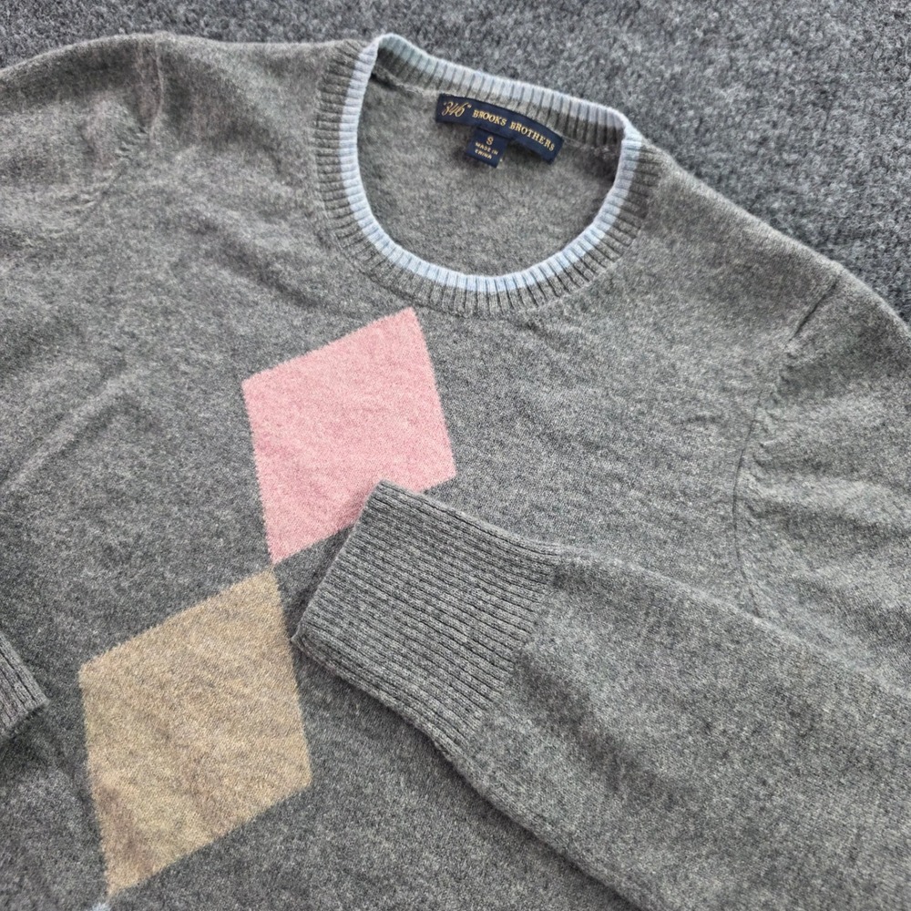 Brooks Brothers 346 Lambswool Sweater Argyle Crewneck Gray Pink Small Mens Knit